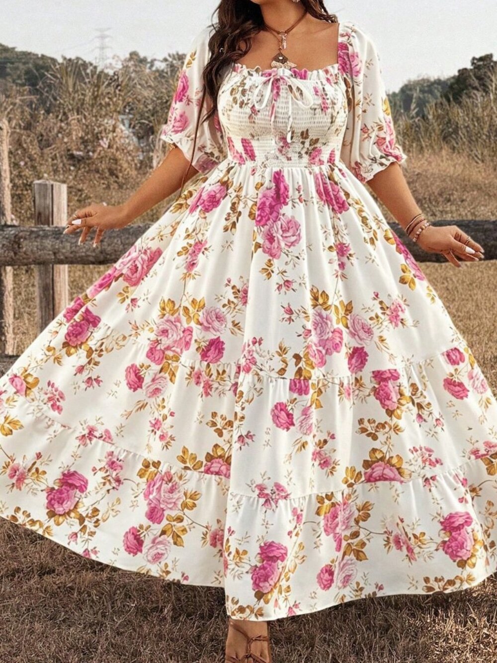 Multicolor Boho Women's Plus Size Floral short sleeve maxi Dress - Picture 5 of 7